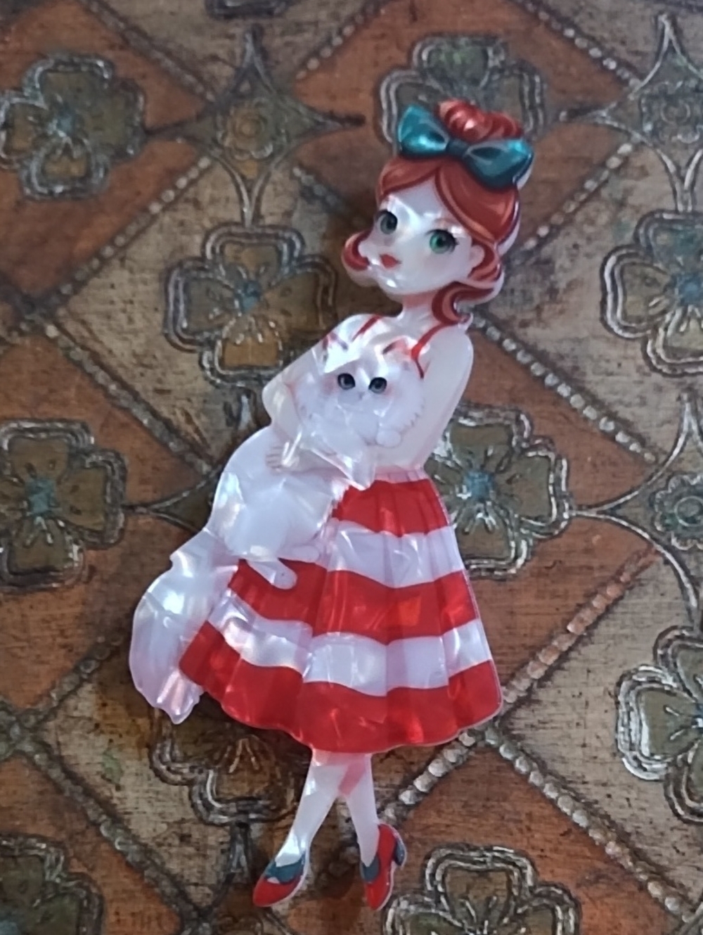 Striped Red & White Skirt,  Girl with Cat Brooch - Holiday